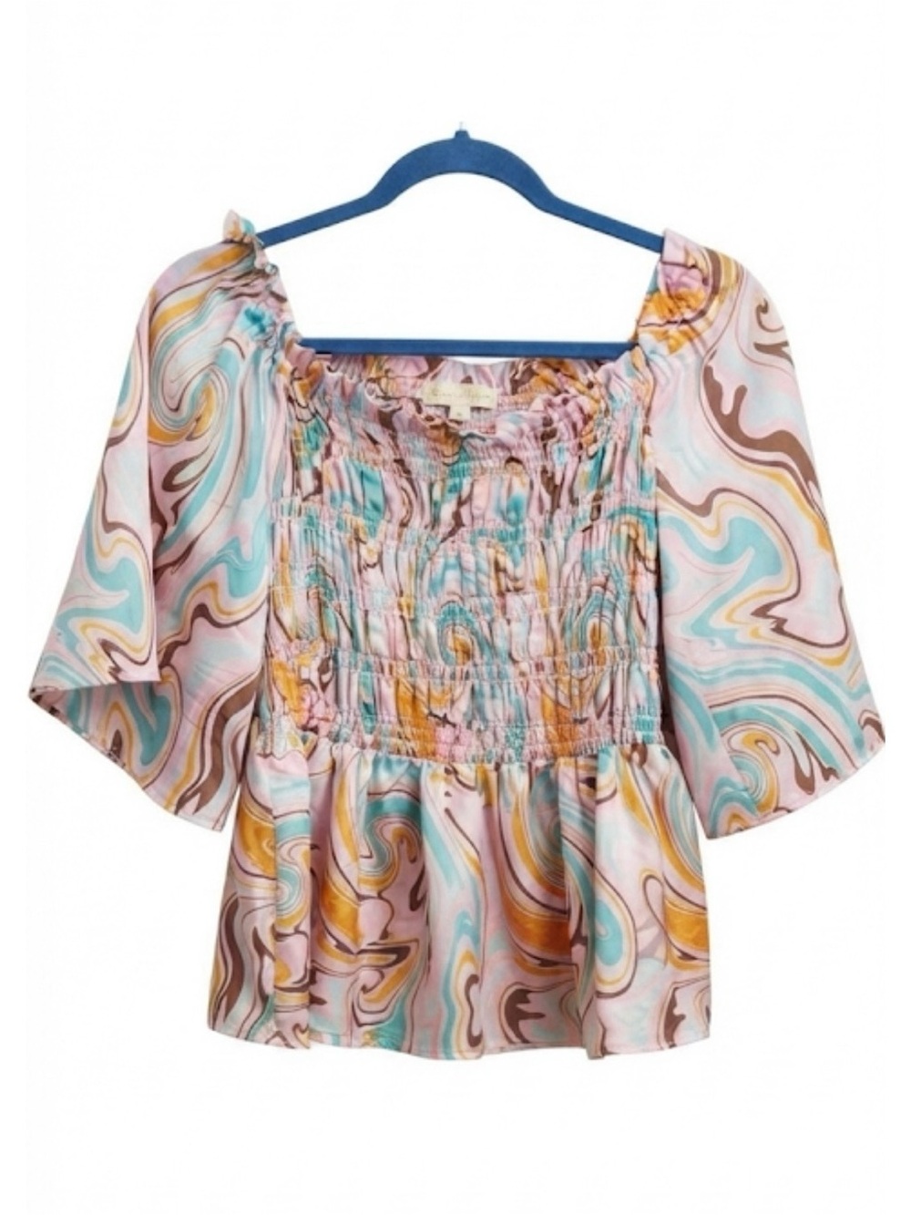 Chenault Pastel Marble-Print Smocked Square-Neck‎ Blouse